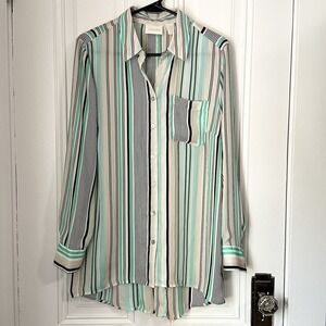 Chico's Striped Button Down Shirt Women's Size 1 Black White Green‎ Long Sleeve